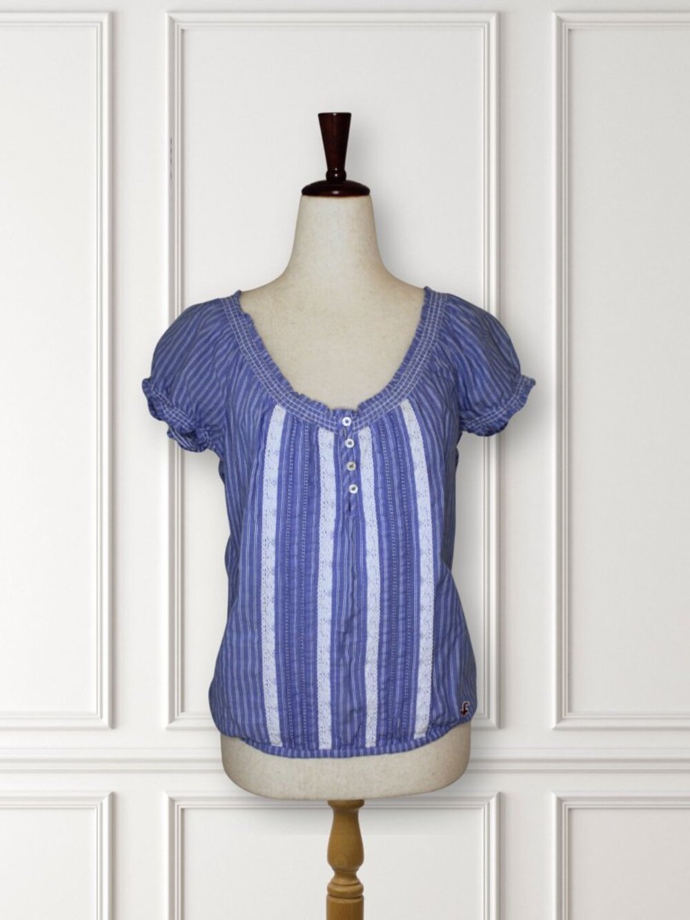 Hollister Blue Striped Lace Trim Babydoll Top Size Small